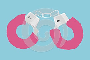 Fur pink handcuffs. Vector realistic illustration.Fur pink handcuffs. Vector illustration. Sexual toy for adults  on blue